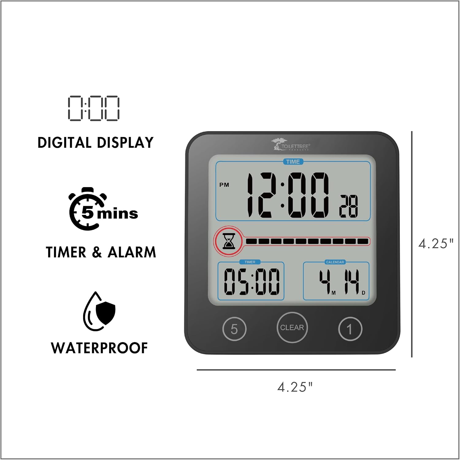 ToiletTree Products Digital Bathroom Shower Clock with Alarm & Large LCD Display – Waterproof, Humidity & Moisture Resistant – Clocks for Bath & Kitchen