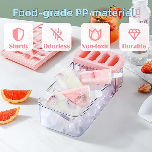 Miniatura 4 de Bandeja para cubitos de hielo con tapa y contenedor, 24 moldes para cubitos de hielo y 4 moldes para paletas con 4 palitos de paletas reutilizables,