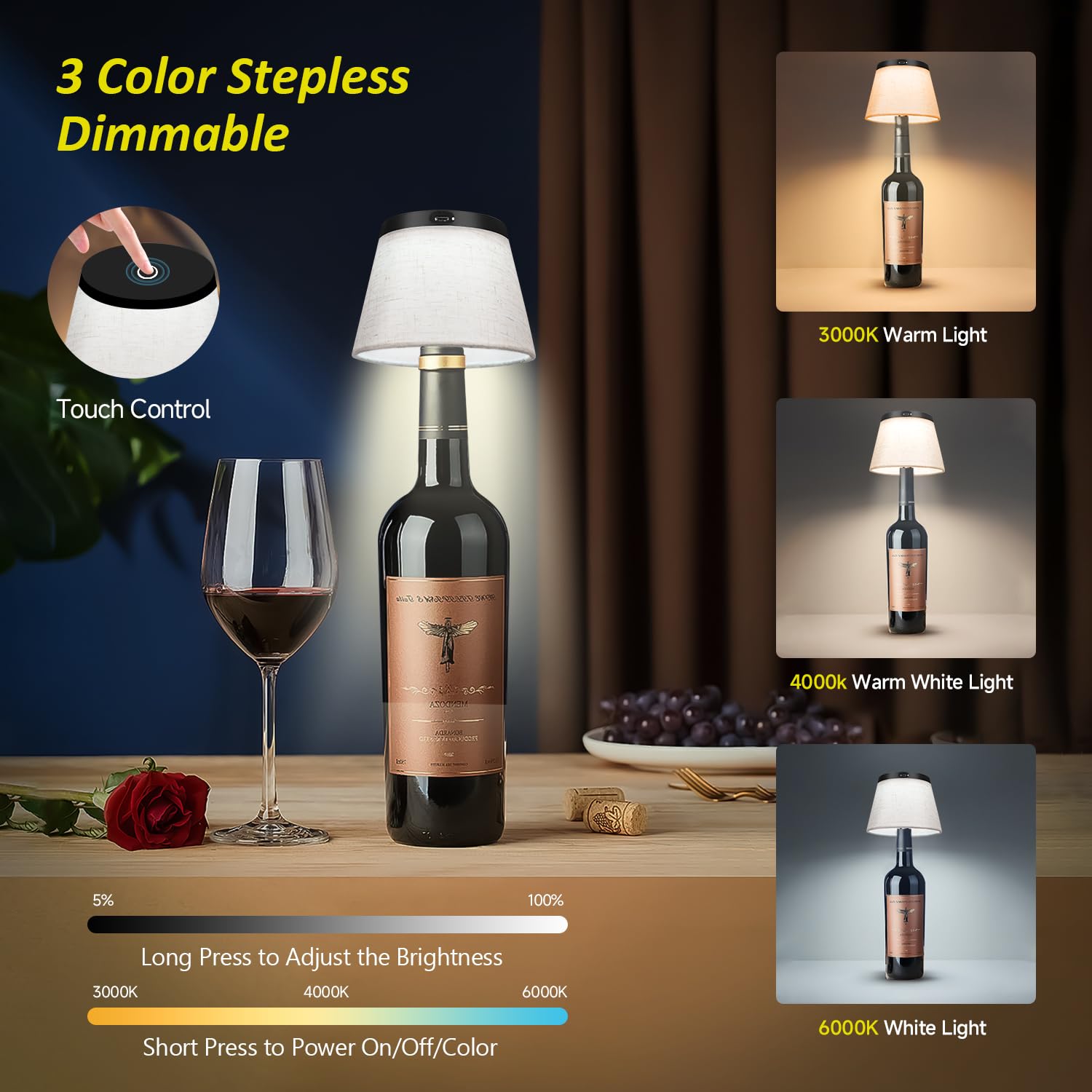 2025 Nuova lampada per bottiglie - Luci LED per bottiglie di liquore e vino, paralume senza fili, luce superiore per bottiglia di whisky, kit luce notturna con tappo per bottiglia, tessuto beige