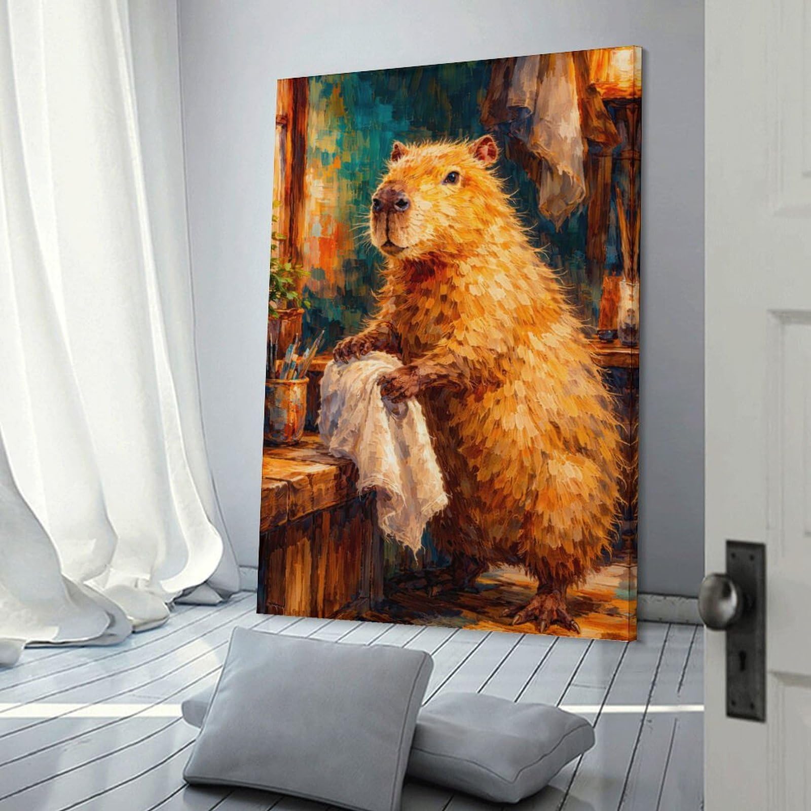 Junmoney Canvas Wall Picture Capybara in An Artists Studio, 20x30inch(50x75cm), for Study, Office Or Focused Interiors, Wall Art That Adds Style to Work Areas