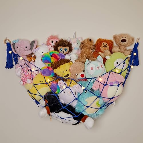 Miniatura 35 de Hamaca de macramé de almacenamiento de animales de peluche con luces de cadena para paredes planas, grande, decoración bohemia de habitación,