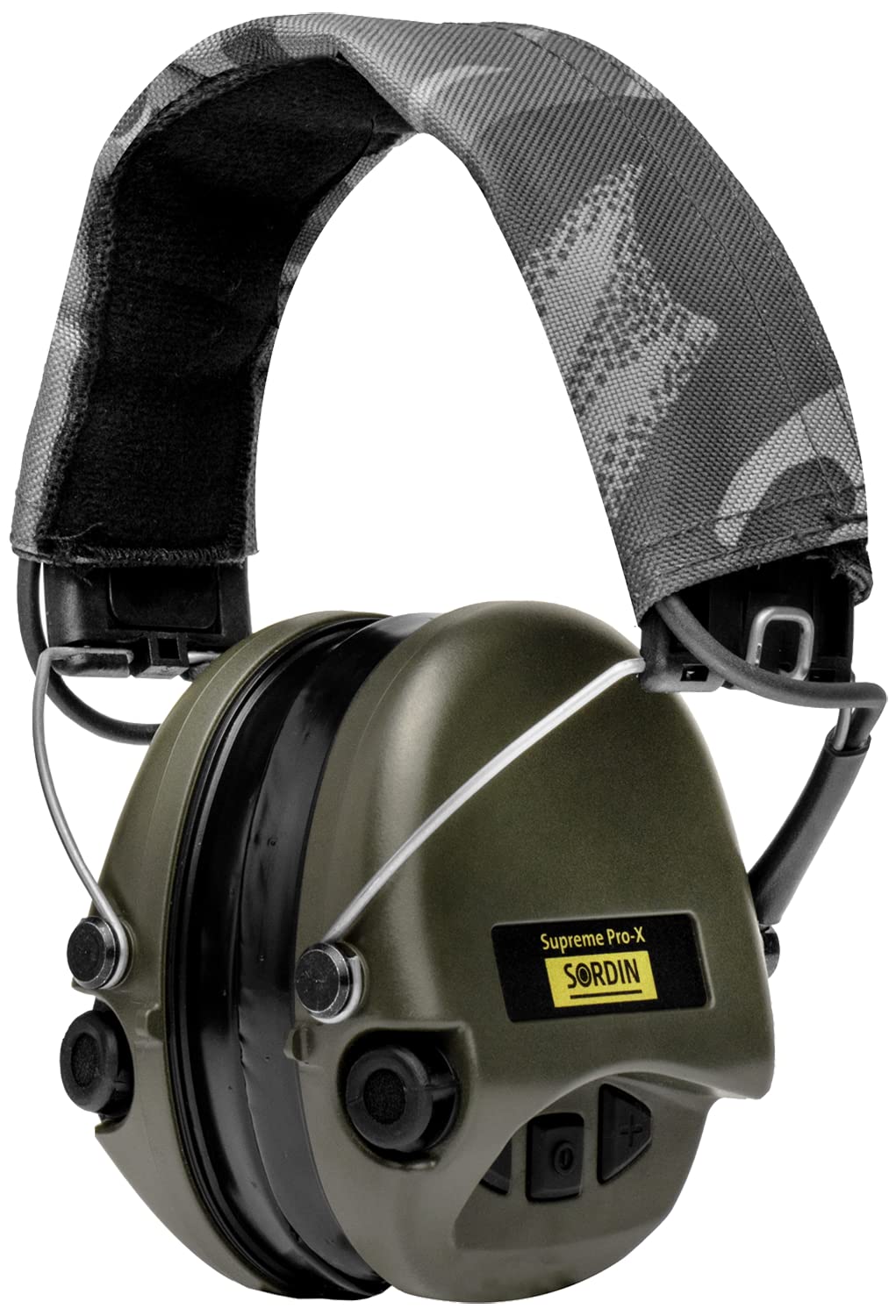 ACE Sordin Pro-X Aktiver Kapsel-Gehörschutz - EN 352 - mit Night-Camo-Stoffband, Gelkissen & grünen Kapseln