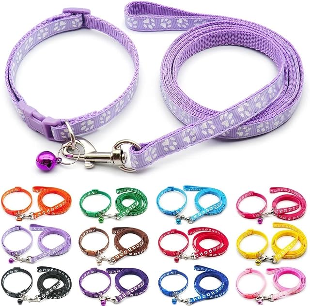 Doggie Style Store Small Dog Puppy Pet Cat Kitten Collar and Lead Set Pawprint Design Nylon with Bell Adjustable Quick Release Clip Leash Lilac Violet Light Purple