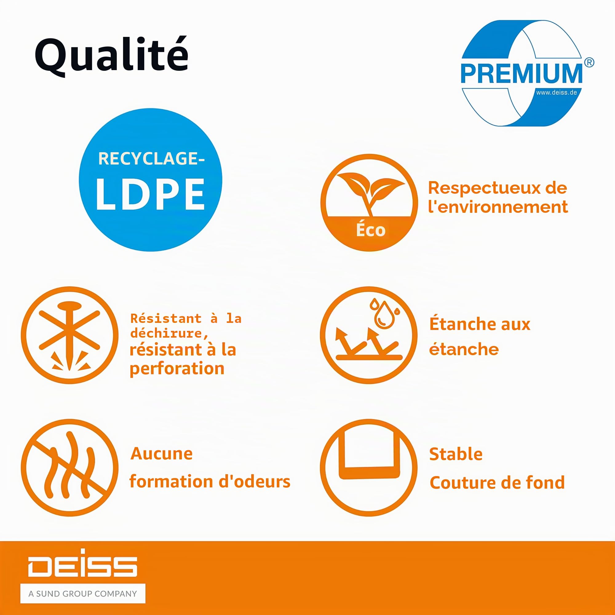 Sacs poubelle DEISS Premium, Blanc ou transparent, 70 ou 120 l, 120 Liter - Typ 60, transparent, 1