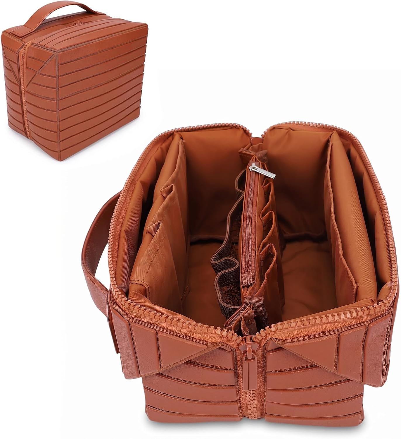 ciciglow Travel Makeup Bag, 22.5cm/8.86inch×15cm/5.91in Large Capacity Cosmetic Bags for Women, Fold Down Water Proof Toiletry Bag, Pull Open Design Soft PU Leather(Brown)