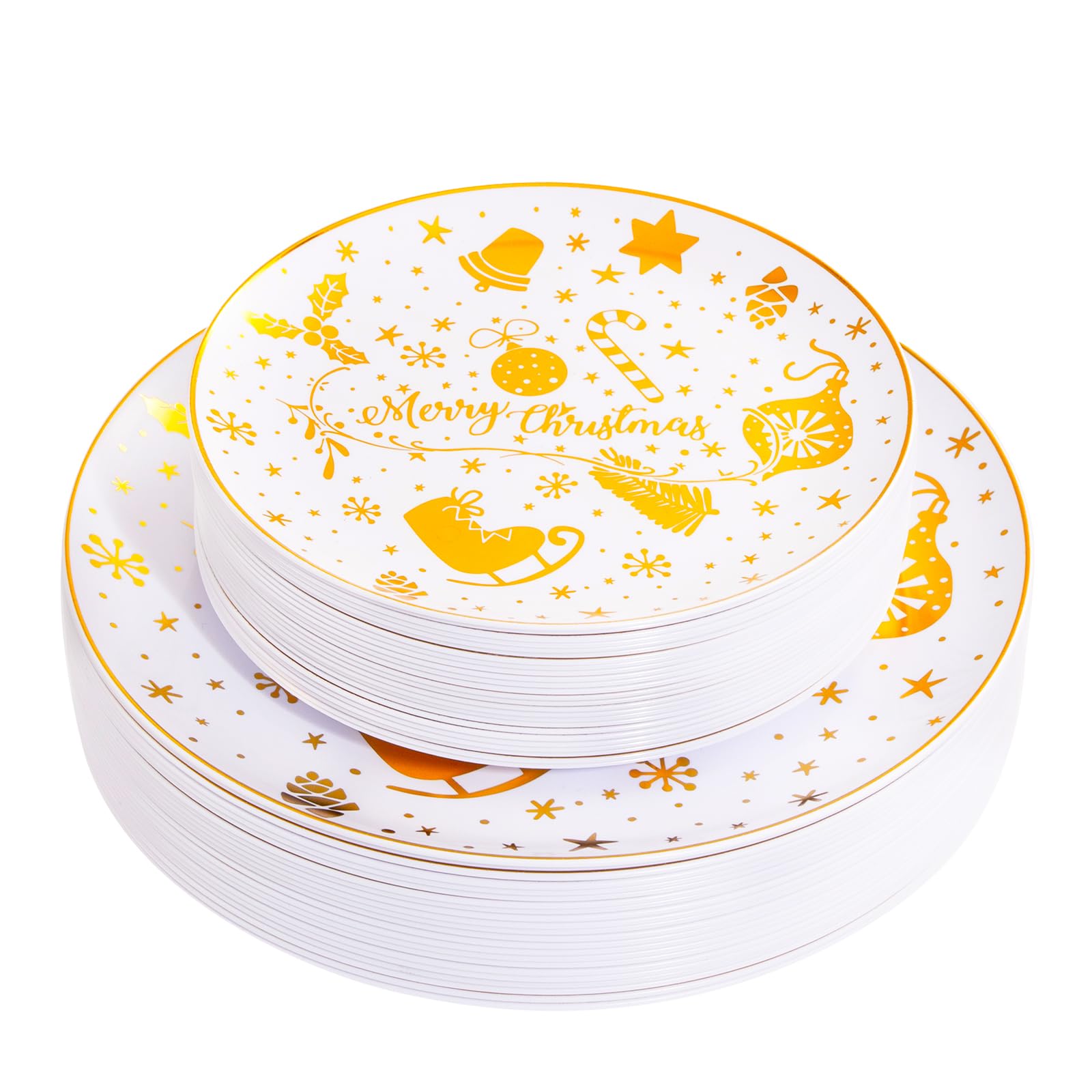U-QE 60pcs Christmas Disposable Plates, Gold Christmas Plastic Plates for 30 Guests Include 30 Dinner Plates 10.25’’ & 30 Dessert Plates 7.5’’, Premium Gold Party Supplies for Christmas Theme Party