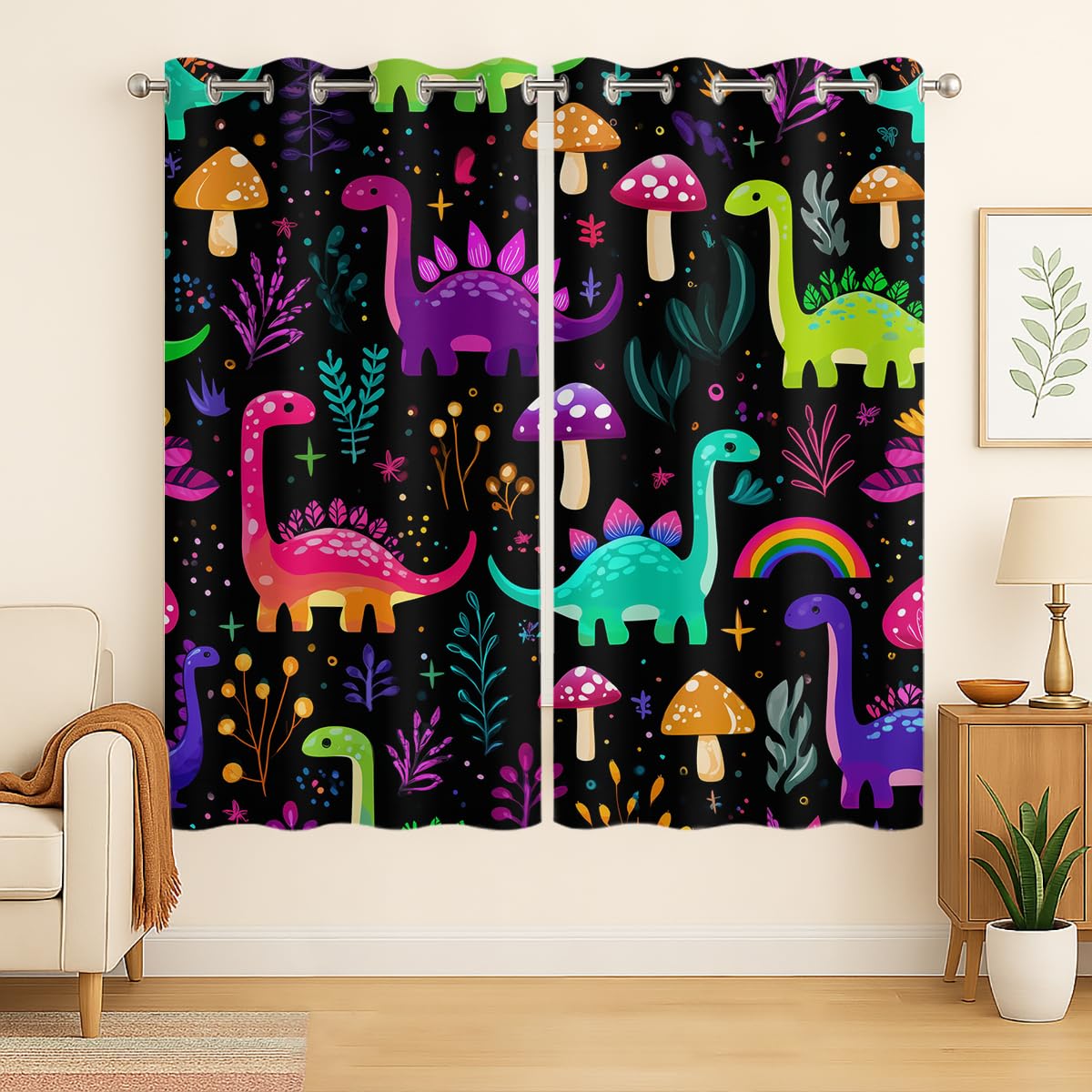 CZROUZ Cartoon Dino Curtain, Neon Dinosaur with Mushroom Fantasy Forest, Grommet Curtains for Nursery Window or Kids’ Bathroom, Set of 2 Panels, 42 x 45 Inch, Thermal Insulated Darkening Drapes
