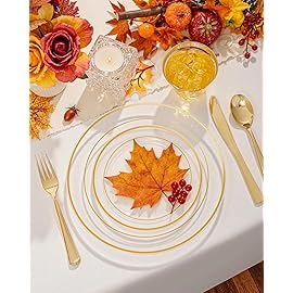 bUCLA 300Pcs Clear Gold Plastic Disposable Dinnerware Set - Clear Plates with Gold Trim Include 50 Dinner / 50 Dessert Plates,50 Cups,150 Plastic Silverware Set for Party
