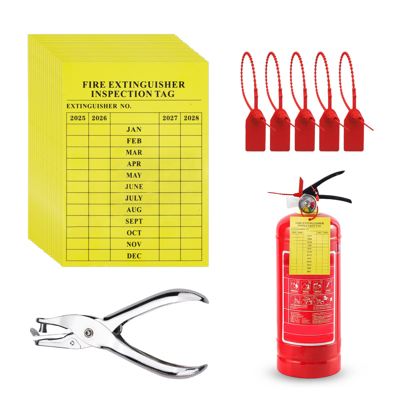 50PCS Fire Extinguisher Inspection Tags, Contains 6mm Puncher and Plastic Tamper Seals, Fire Extinguisher Inspection Tags from 2025 to 2029 (Yellow)
