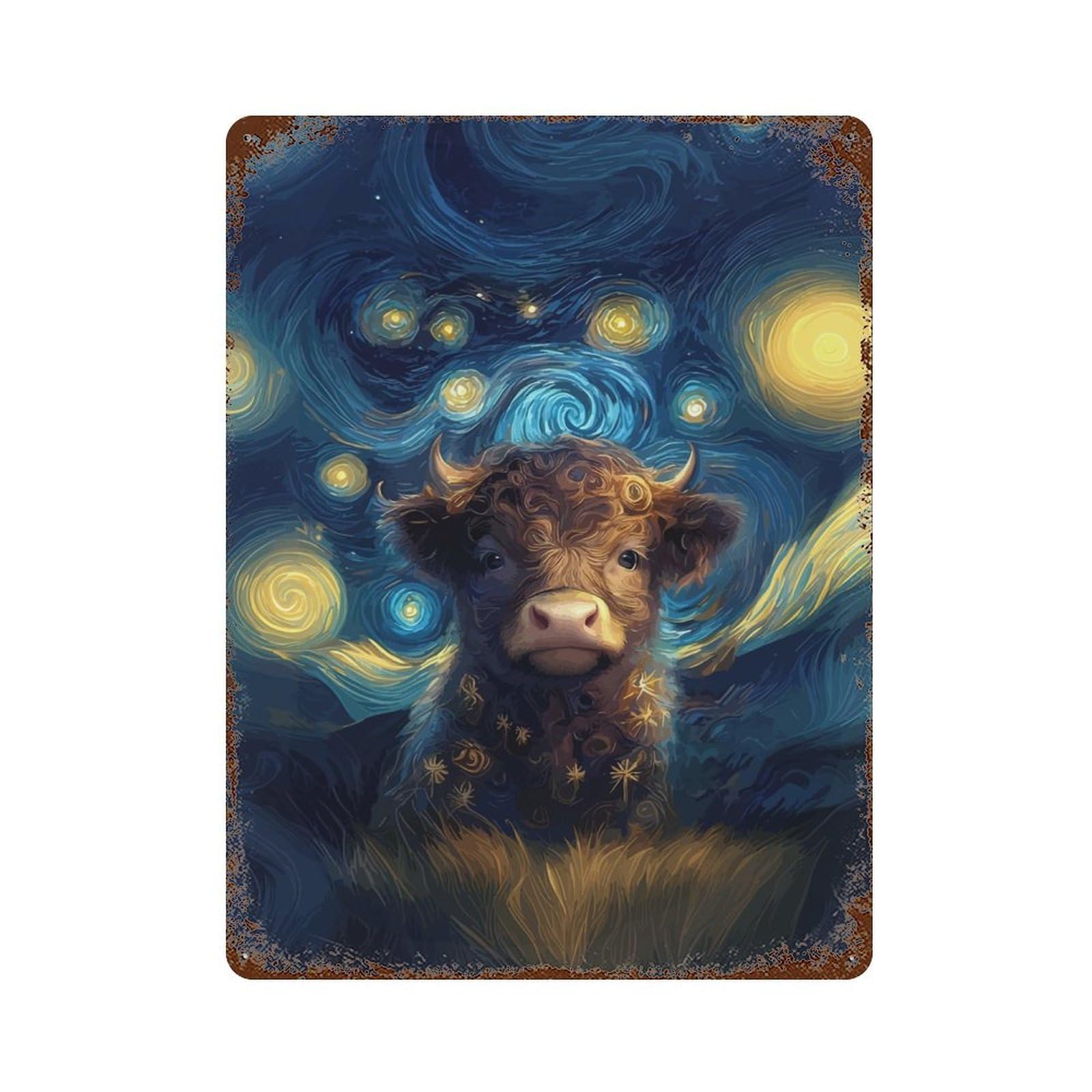 Starry Night Highland Cow 15.7"x11.8" Rust Effect Tin Sign, Industrial Home Decor for Living Room, Hallway And Home Decor