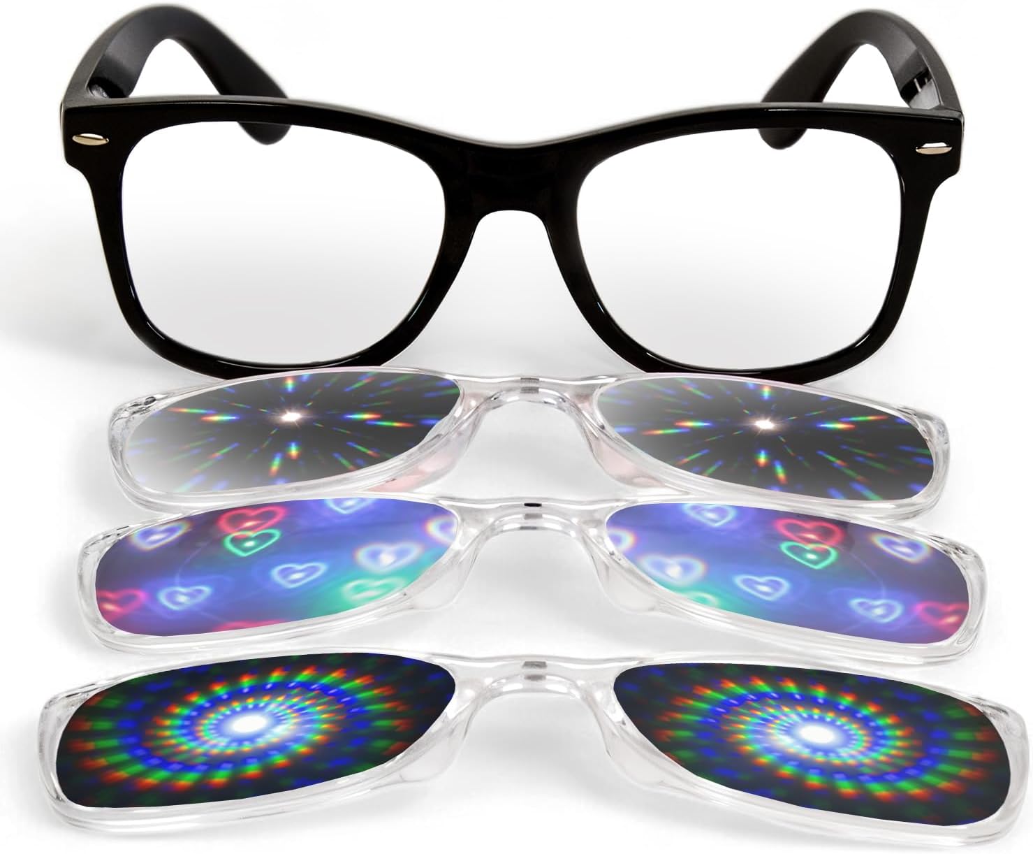 GloFX Snaps: Diffraction Rave Glasses | Black Magnetic Snap Frames with Line, Heart, and Spiral Lenses | Rave Accessories for Festivals, Rave Gear, and Kaleidoscope Effects