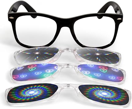 GloFX Snaps: Diffraction Rave Glasses | Black Magnetic Snap Frames with Line, Heart, and Spiral Lenses | Rave Accessories for Festivals, Rave Gear, and Kaleidoscope Effects