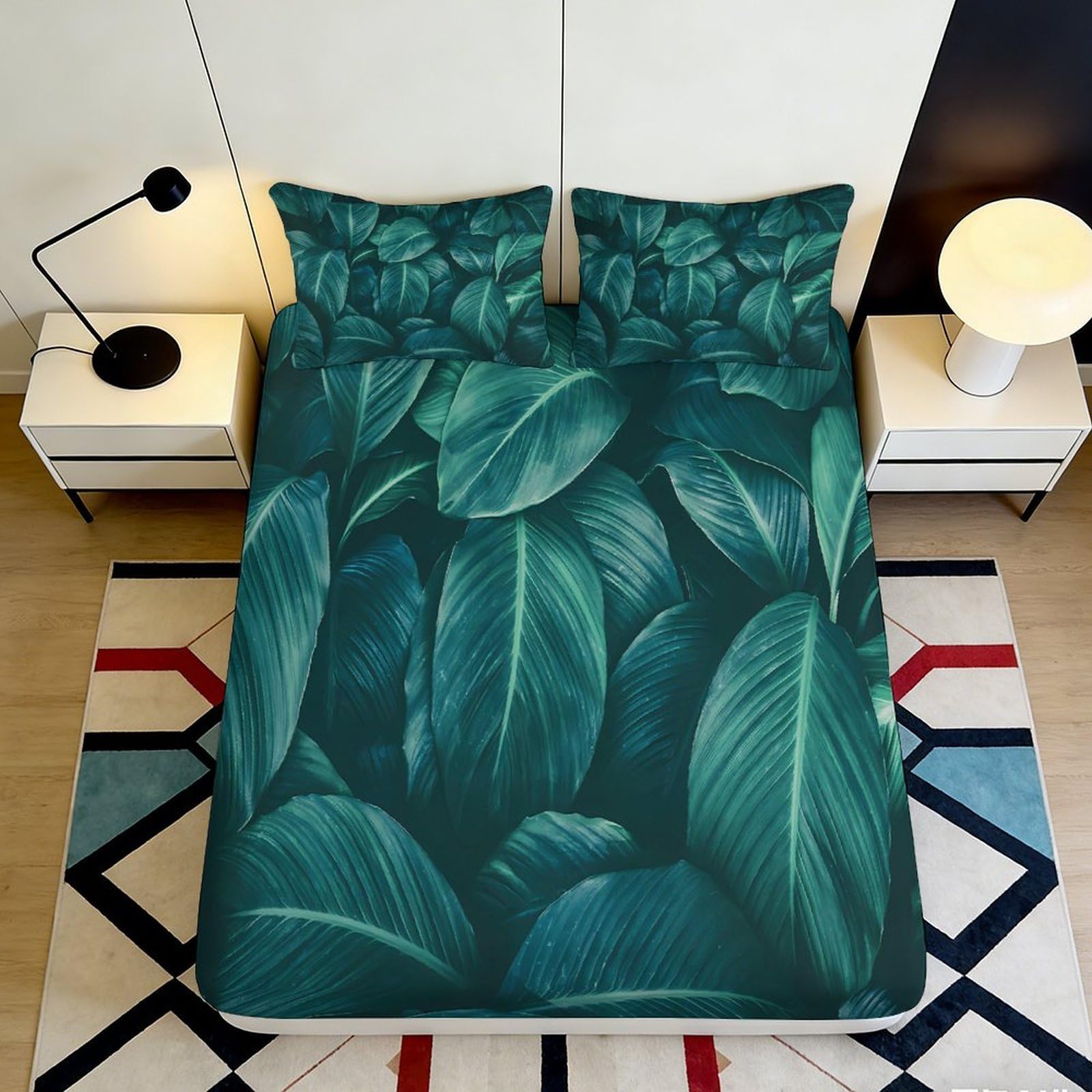 Pnayamiorkfel Style-10 3D Printed Tropical Leaf Fitted Sheet Microfiber Green Botanical Mattress Cover Anti-Slip Bedroom Decor Machine Washable 90X200x25cm