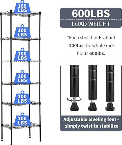 Miniatura 5 de YYkokocat Estantería de alambre ajustable de 6 estantes, estantes de almacenamiento de capacidad de 600 libras para armario, estante de alambre de