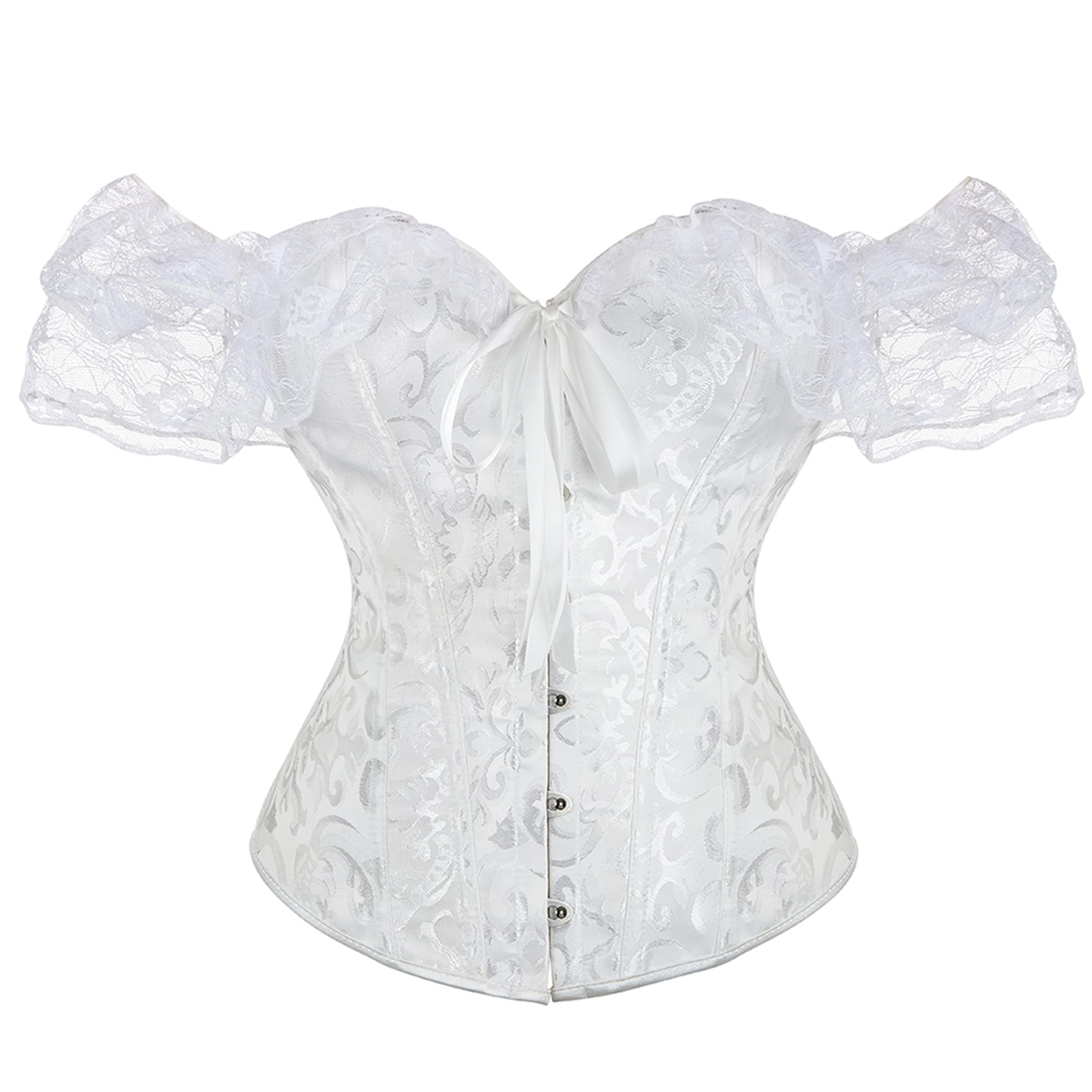 Moessa Women Floral Lace Off Shoulder Corset Bustier Boned Overbust Corset Bodyshaper Lingerie Top - Medium - White