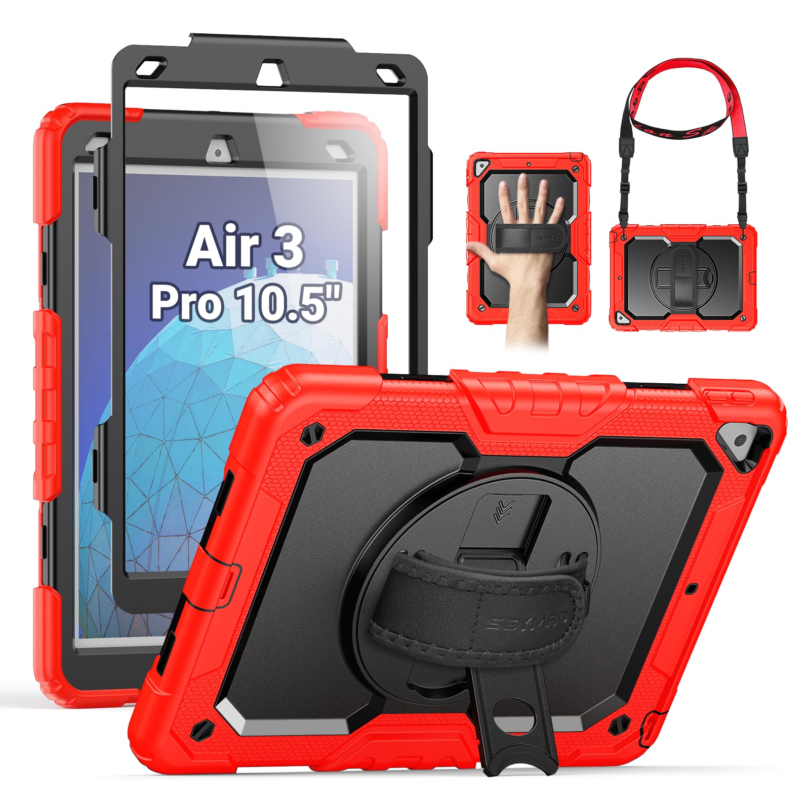 SEYMAC for iPad Air 3/ Pro 10.5 inch Case, Heavy Duty Full-Body Shockproof Protective Case with Screen Protector, 360° Rotating Stand, Hand/Shoulder