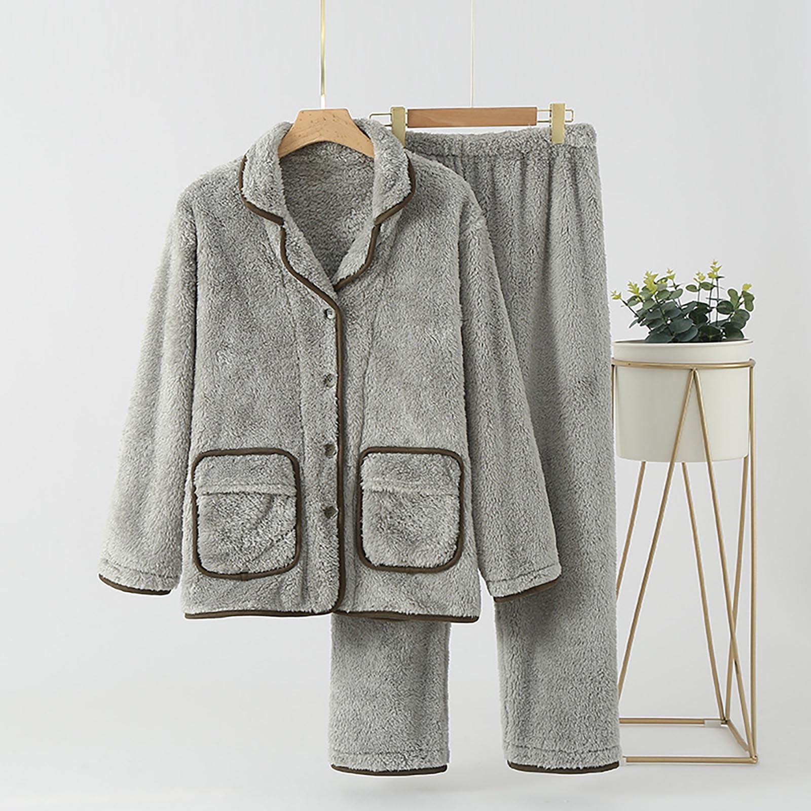 Generisch Pigiama in pile da uomo, in flanella, caldo, pigiameria, pigiameria invernale, a maniche lunghe, 2 pezzi, set Teddy Fleece + pantaloni pigiama con bottone