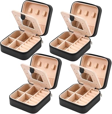 Jewelry Box with Mirror,Small Jewelry Organizer Box，Travel Jewelry Case for Women，Gift Jewelry Boxes for Female Girls (4pcs mirror black)