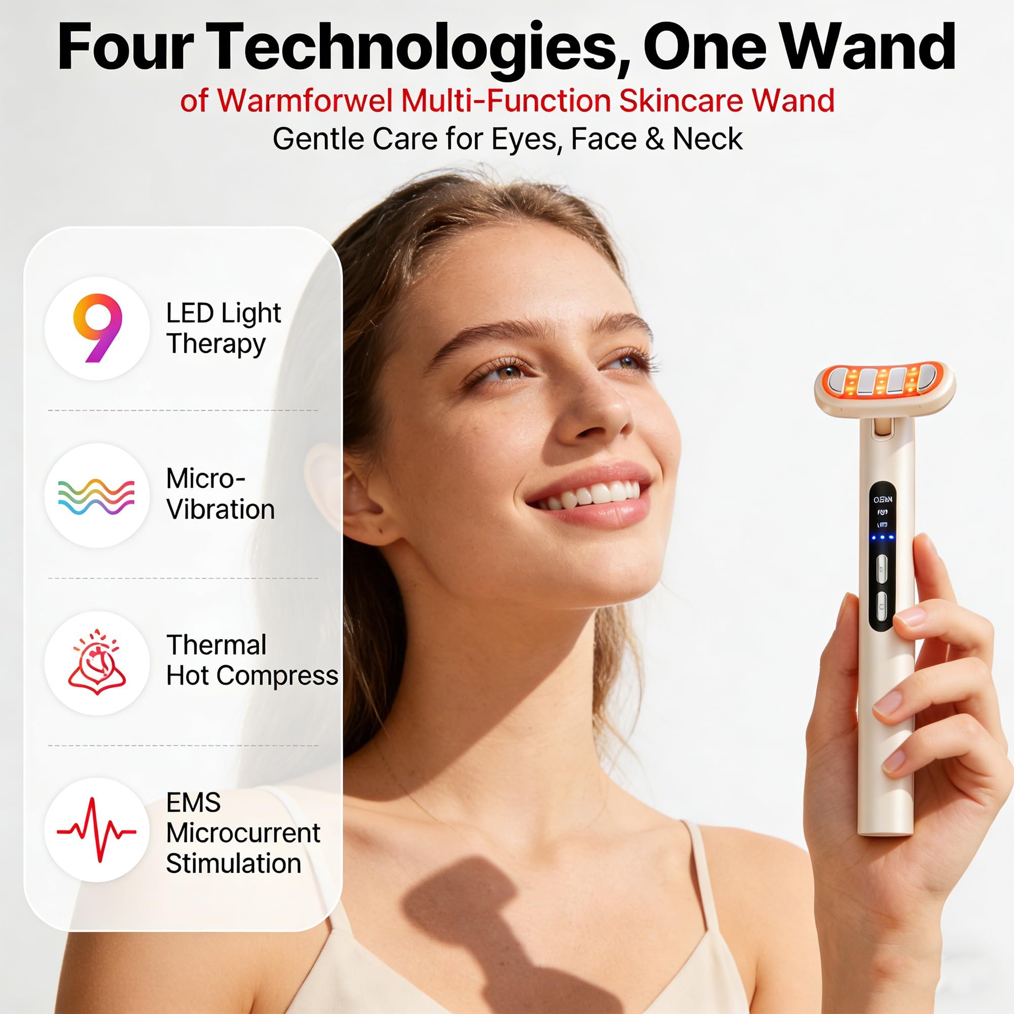 9-in-1 LED-Gesichtsstab & Augenmassagegerät mit rotem Licht, EMS-Mikrostrom, Wärme & Vibration, wiederaufladbares Beauty-Tool für einen strahlenden Look
