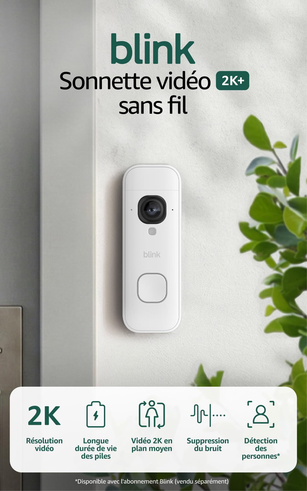Blink Sonnette vidéo 2K+ sans fil (nouvelle génération) | Plan moyen | Audio amélioré | IP65 | Piles longue durée | Configuration facile | Module de synchronisation de base inclus - Système (Blanc)