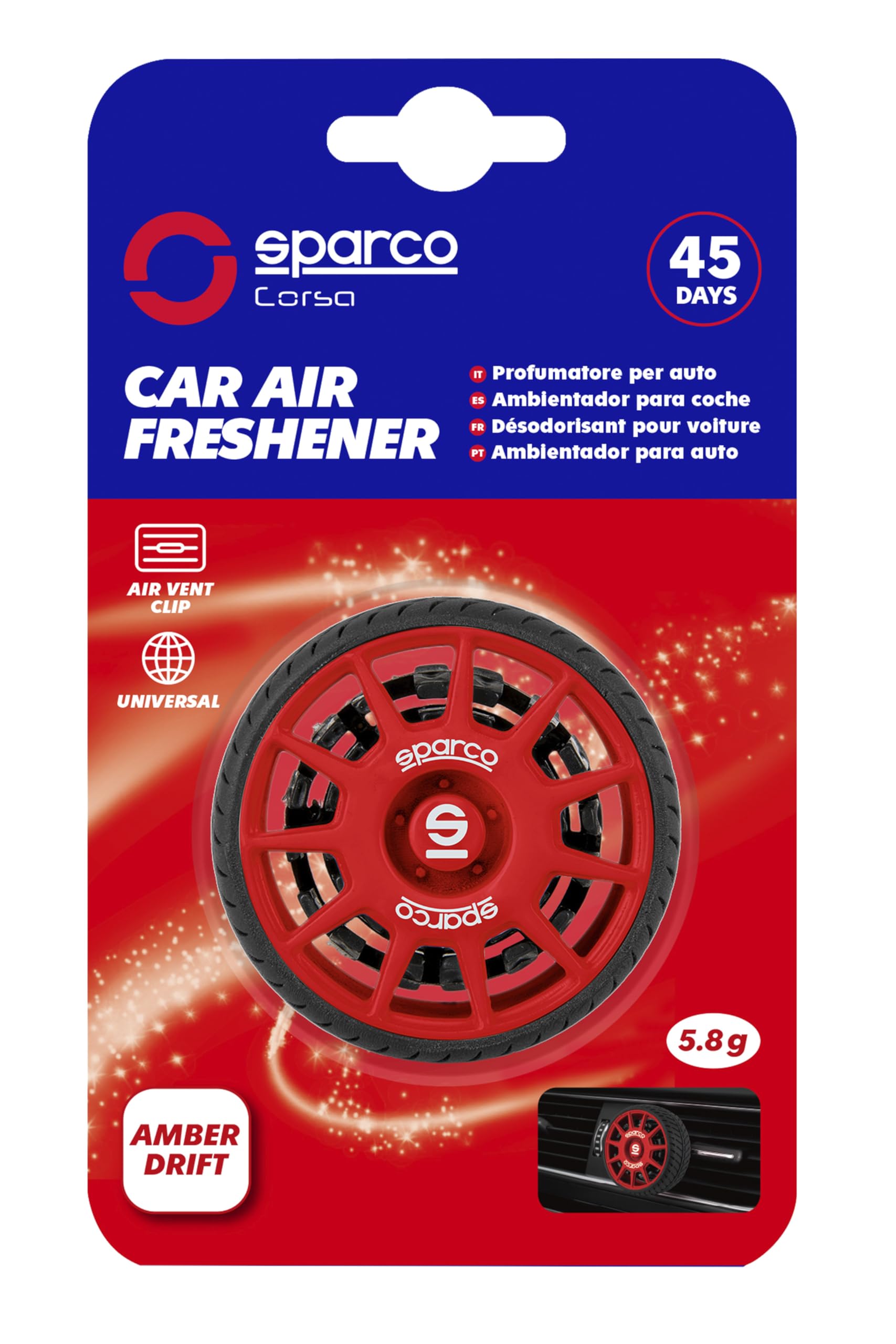 Sparco Gel Car Air Freshener, Wheel and Sport Rim Design with Vent Clip, Amber Drift Fragrance, Woody and Spicy Notes, 45-Day Duration, 5.8 Grams