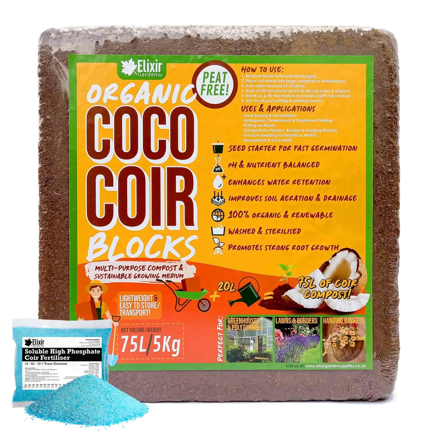 Elixir Gardens 75 Litre Coconut Fibre Planting Blocks/Growing Media Peat-Free Pre-Washed Compressed | Various Quantities Available | Coir Compost with Fertiliser x 1
