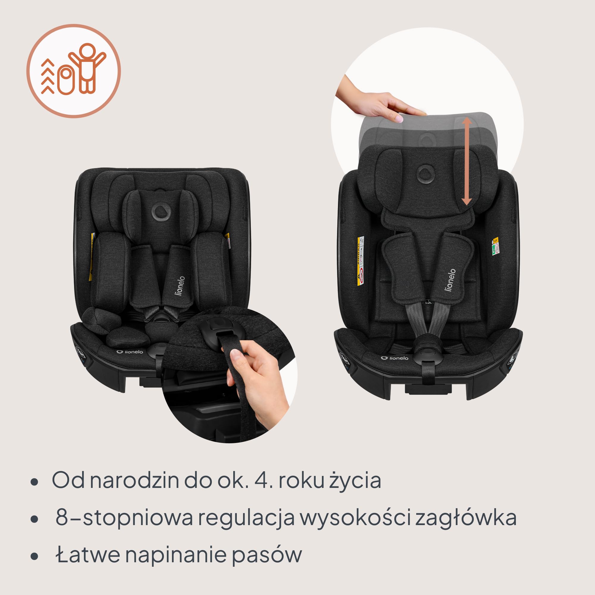 Lionelo Moxie Next i-Size fotelik samochodowy dla dzieci około 0-4 lat 40-105 cm 0-18 kg SIP ochrona boczna, regulacja zagłówka i oparcia, instalacja tylko do przodu i do tyłu z podstawą Moxie Next
