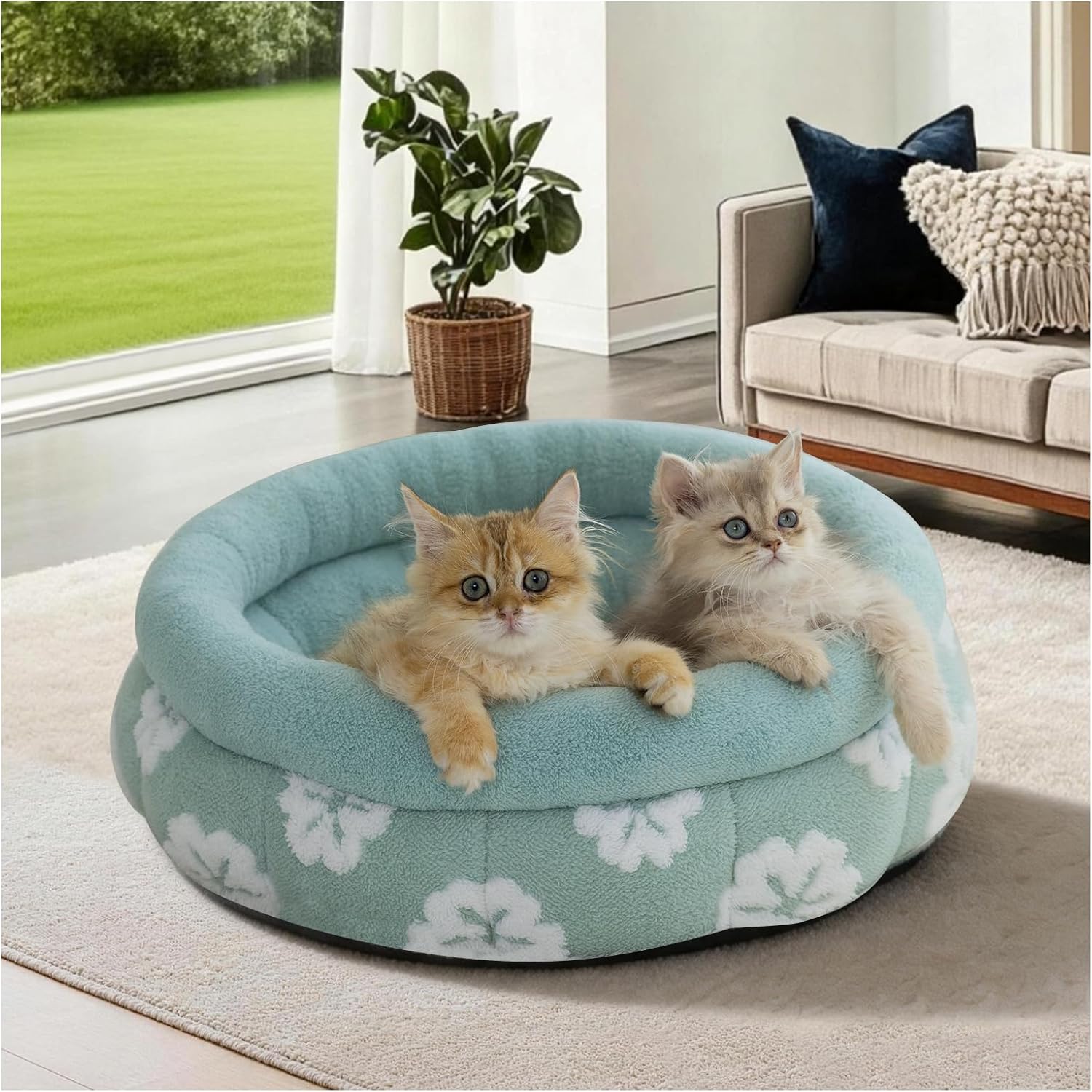 BALANCE Cat Beds for Indoor Cats, Washable Round Cat Bed, Cute 3D Flower Kitten Bed with Anti-Slip Bottom for Puppy and Kitten, 20 Inches, Green