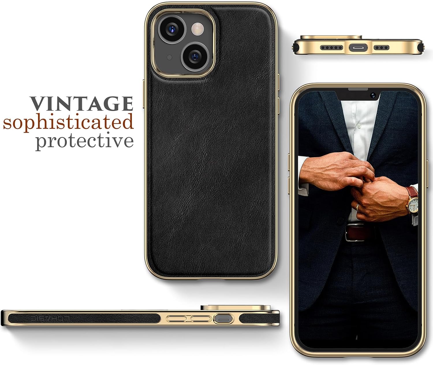 LOHASIC PU Leather Case for iPhone 14, Stronger Magnet Compatible with Mag-Safe, Fit for Mag Car Mount, Luxury Elegant Vintage Phone Cover for Men Women, 6.1 Inch, 5G, 2022 - Black Gold