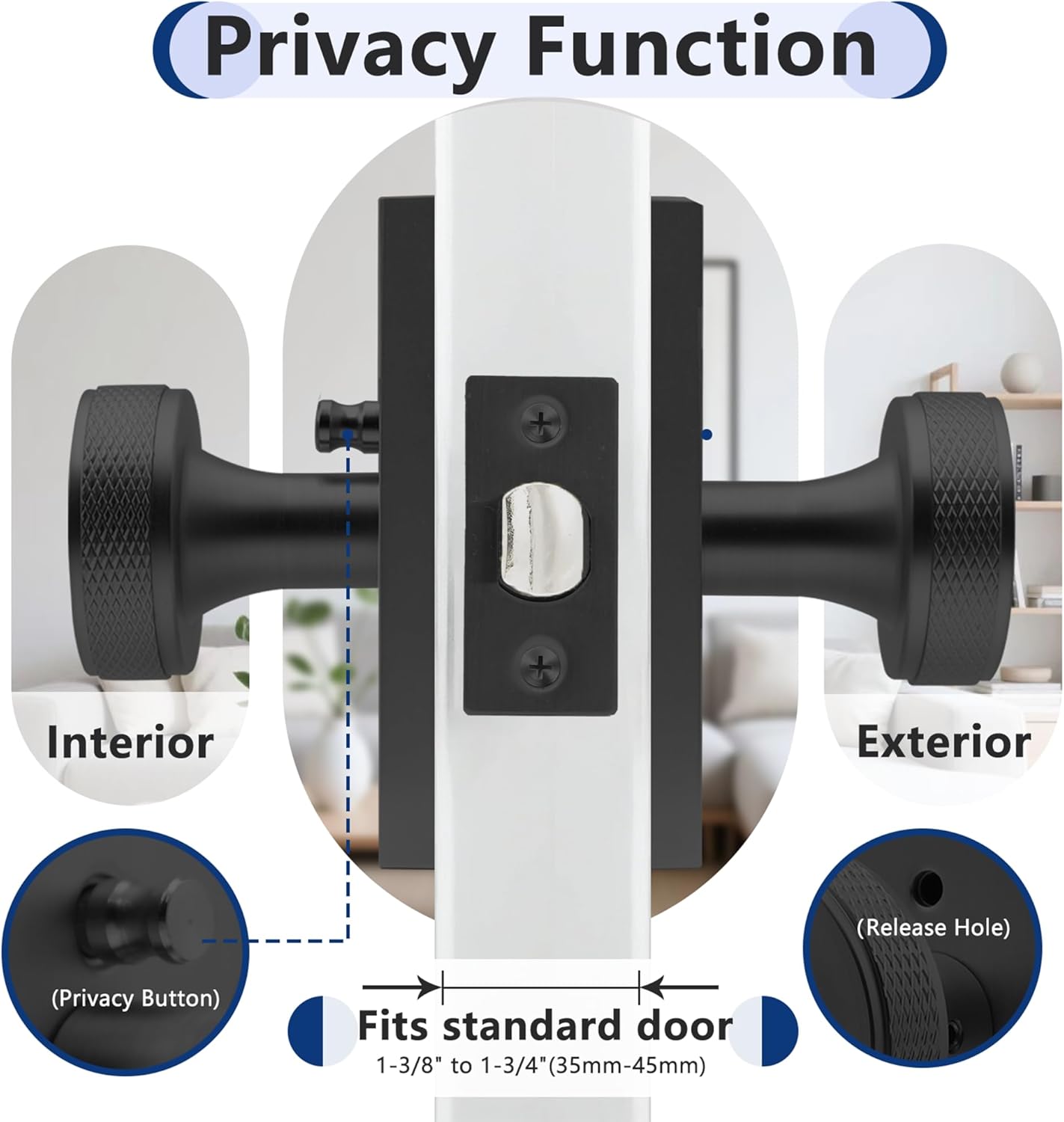 Heavy Duty Door Knob with Lock, Knurled Round Knob Interior Door Lock for Bedroom and Bathroom, Zinc Alloy Door Handles (Privacy, Matte Black, 1 Pack)
