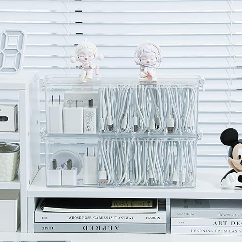 Miniatura 5 de Yesesion Paquete de 2 cajas organizadoras de cables con tapa, accesorios de cajón de escritorio transparente, estuche de almacenamiento para
