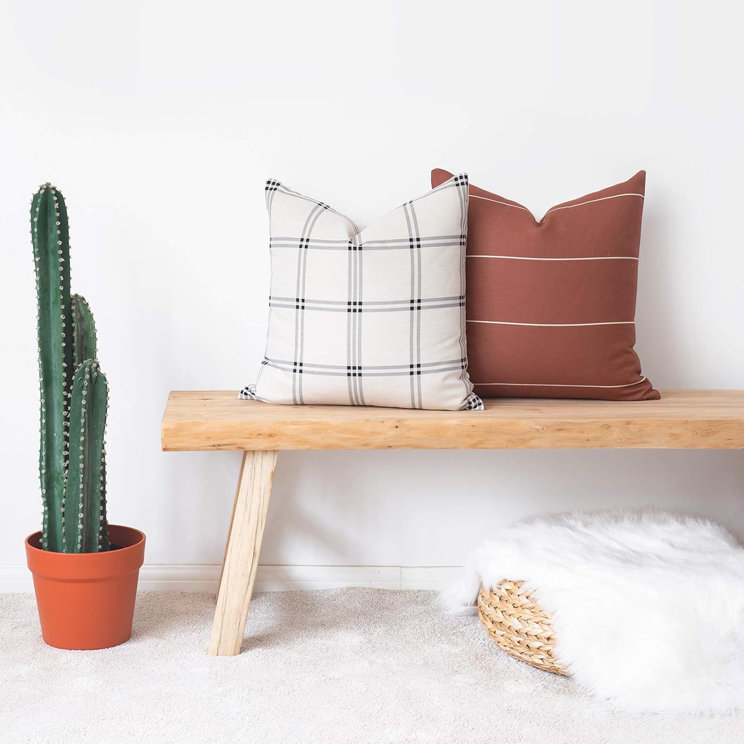 Hofdeco Modern Boho Decorative Throw Pillow Cover ONLY, for Couch, Sofa, Bed, Rust Stripes Plaid, 20"x20", Set of 2