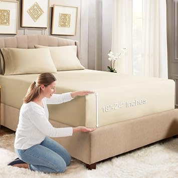 Empyrean Extra Deep Fitted Sheets Twin Size - 24" Extra Deep Fitted Sheets with Bonus 1 Pillowcase - 2 Piece Extra Deep Fitted Bed Sheet - Extra Deep Twin Fitted Bed Sheets - Cream Beige