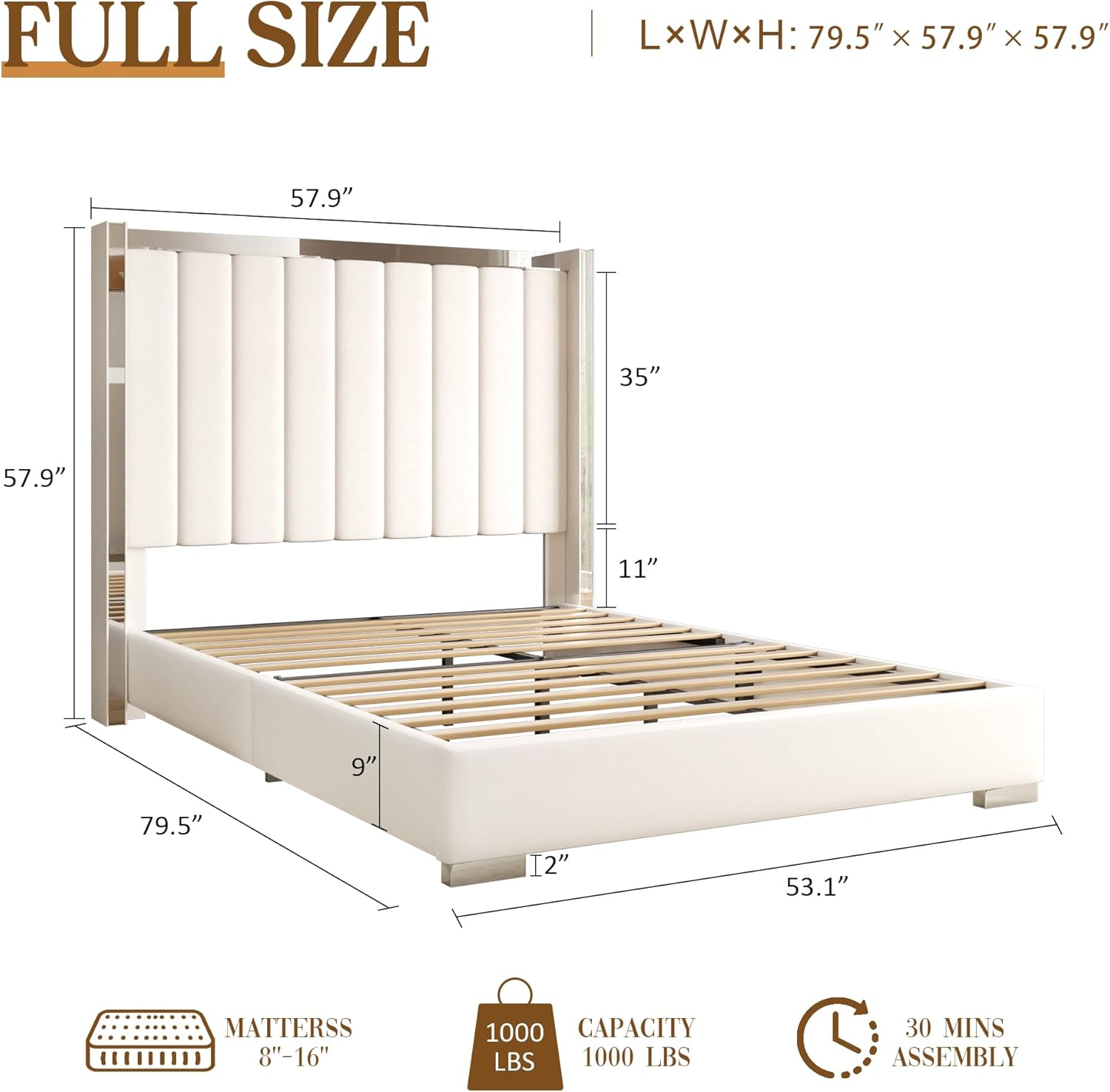 58" Tall Full Size Platform Bed Frame with Velvet Wingback Headboard & Channel Tufting Design, Silver Metal Trim and Chrome-Plated Legs, No Box Spring Needed, Easy Assembly, Noise Free, Beige