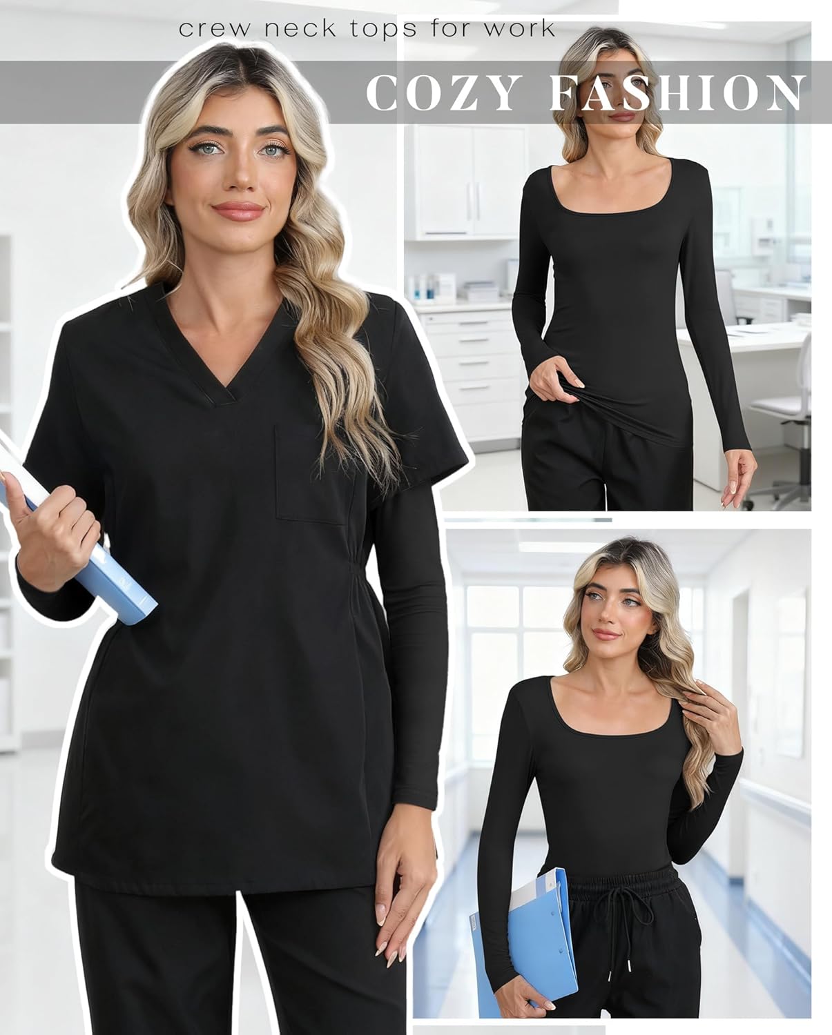 Xaatren 4 Pack Women's Underscrub Shirts Long Sleeve Square Tops Comfort Knit Fitted Layering Undershirts for Nurse