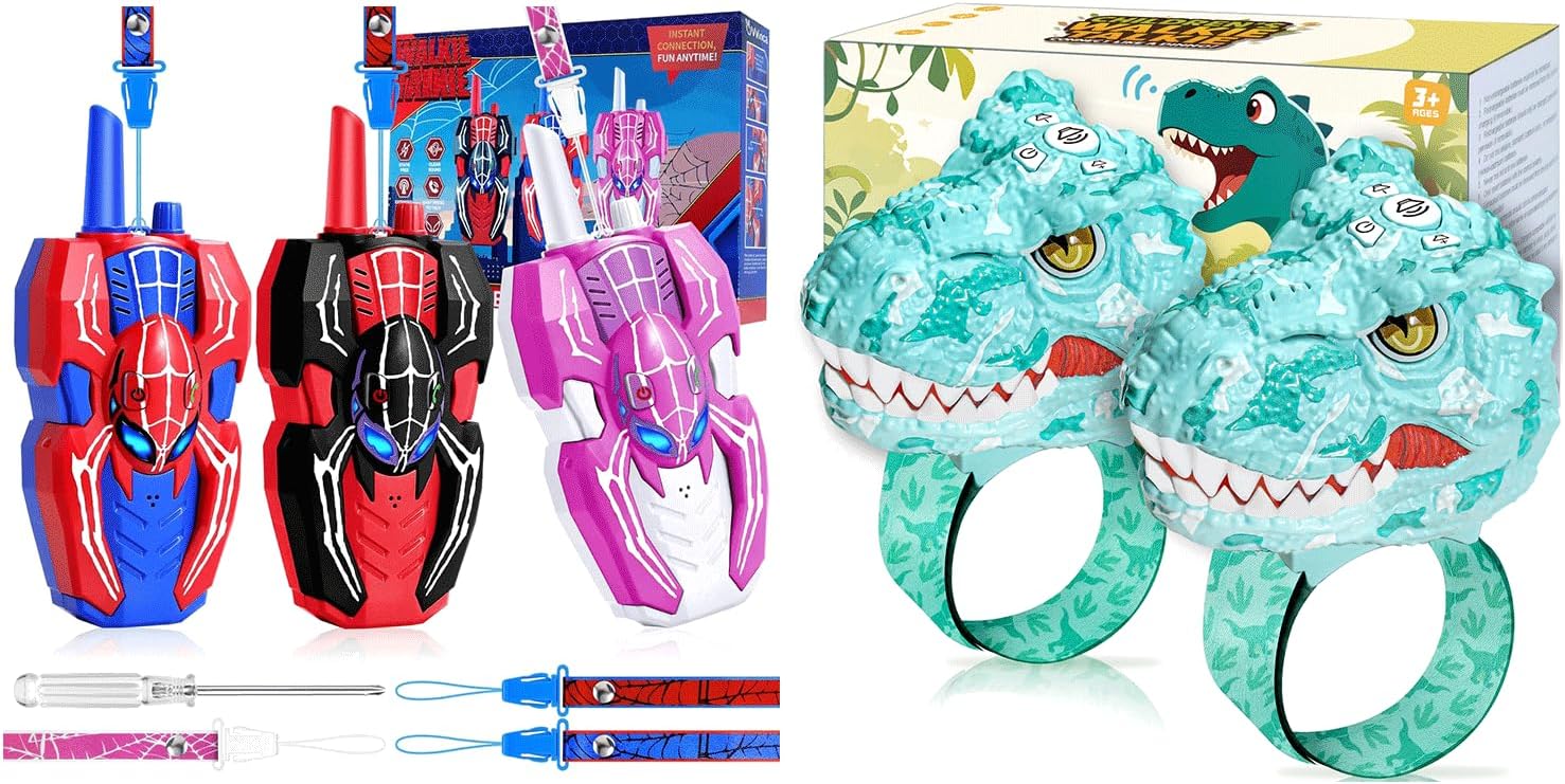Vvinca Kids Walkie Talkies 5-Pack, 2 Dinosaur with Wrist Straps and 3 Spider Walkie Talkies Long Range for Boys Girls Age 3-12 Ultimate Outdoor Adventure Gift Set