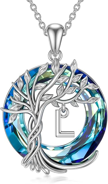 Mothers Day Gift for Her Tree of Life Necklace 925 Sterling Silver Initial Letter Pendant Necklace Blue Circle Crystal Fashion Jewelry Gifts for Women Girls Birthday Christmas Gift