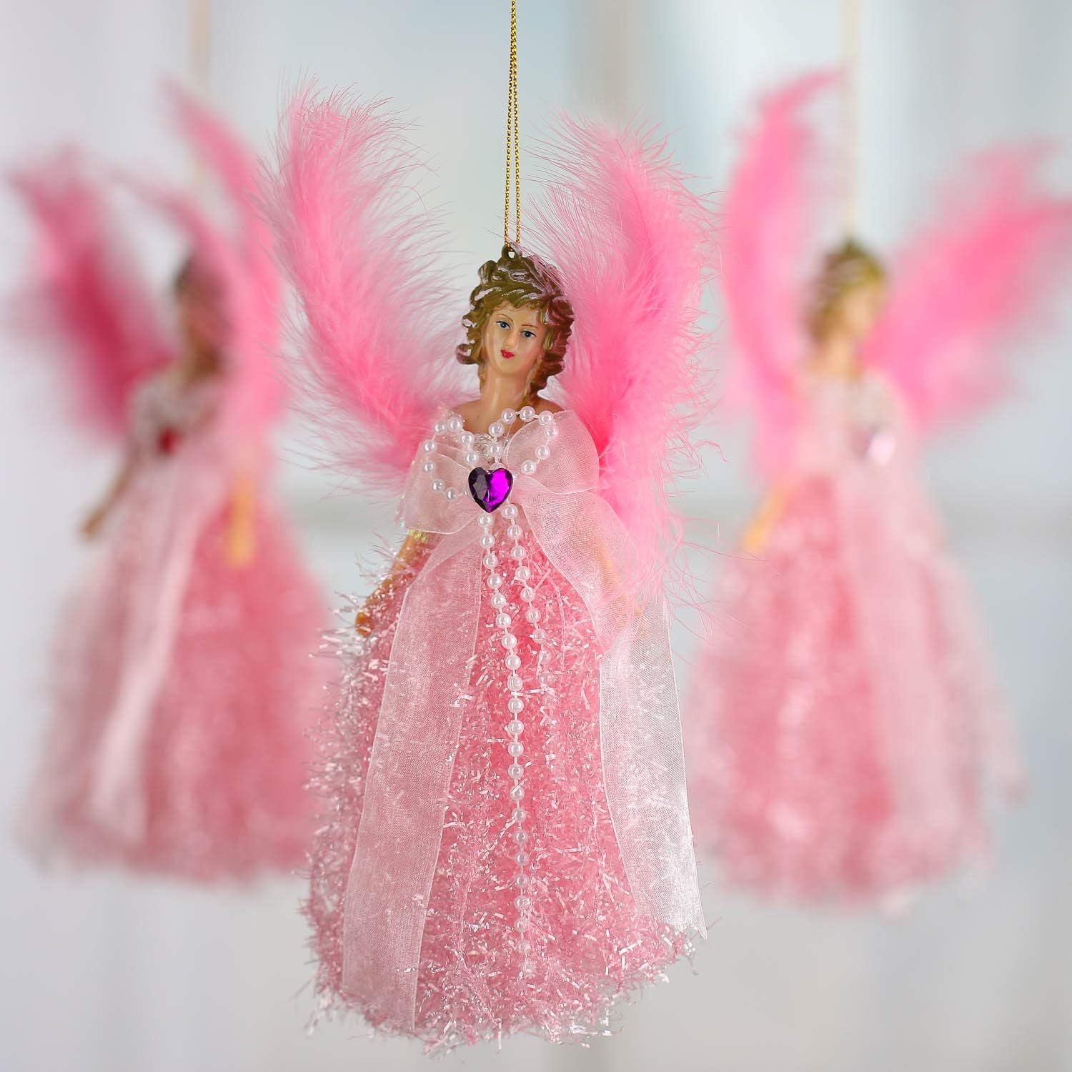 Factory Direct Craft Group of 6 Pink Sparkling Victorian Angel Ornaments with Resin Face and Hands and Feather Wings