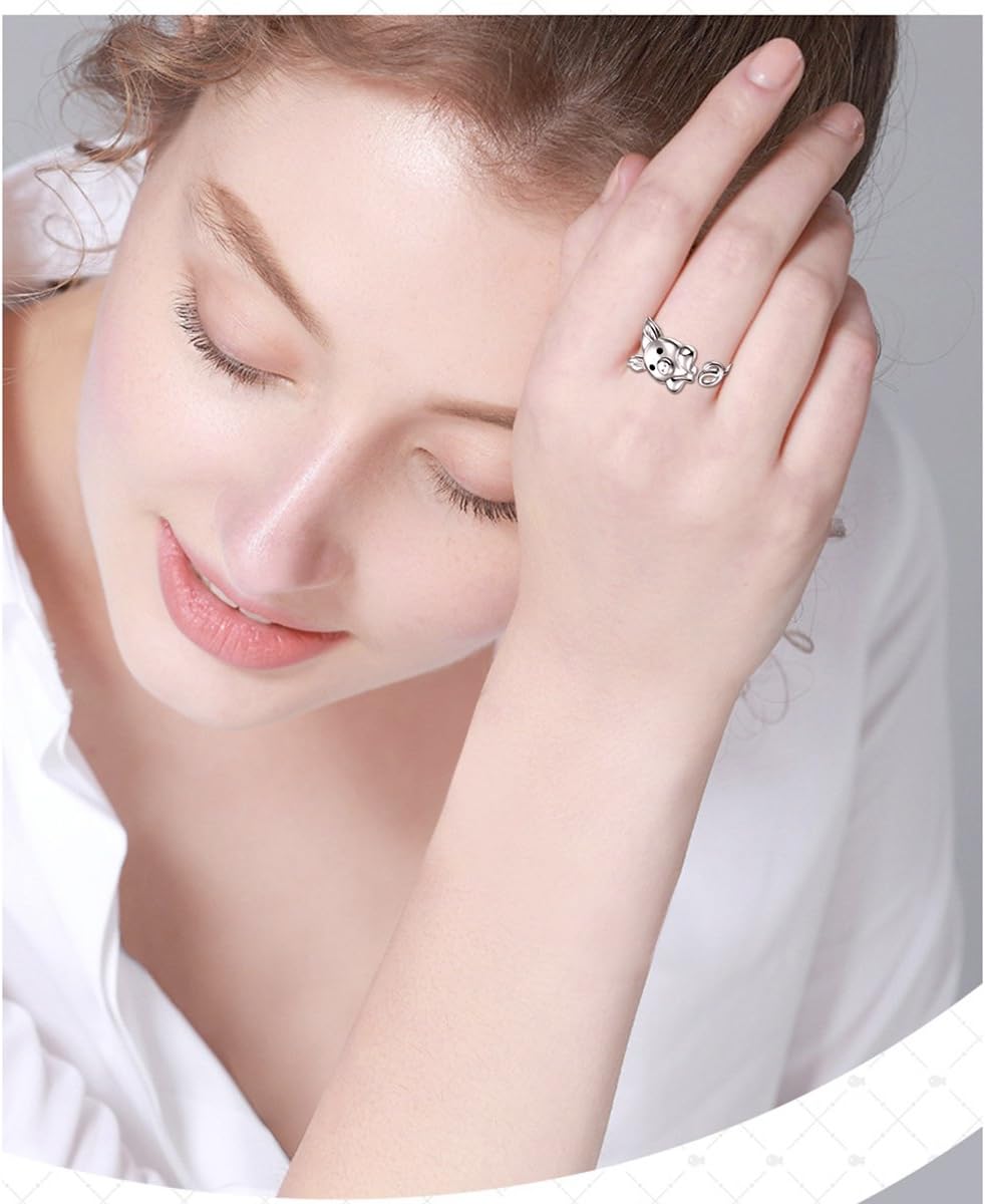 FLYOW 925 Sterling Silver Adjustable Animal Rings for Women Lucky Elephant Cute Pig Ring Cat Paw Love Heart Wrap Open Ring Birthday Gifts - Image 5