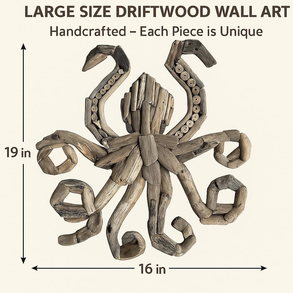 OMA Driftwood Octopus Wall Art – Handcrafted Coastal Beach & Rustic Farmhouse Style Driftwood Wall Decor for Home, Living Room, Bathroom, Beach House – Large Size