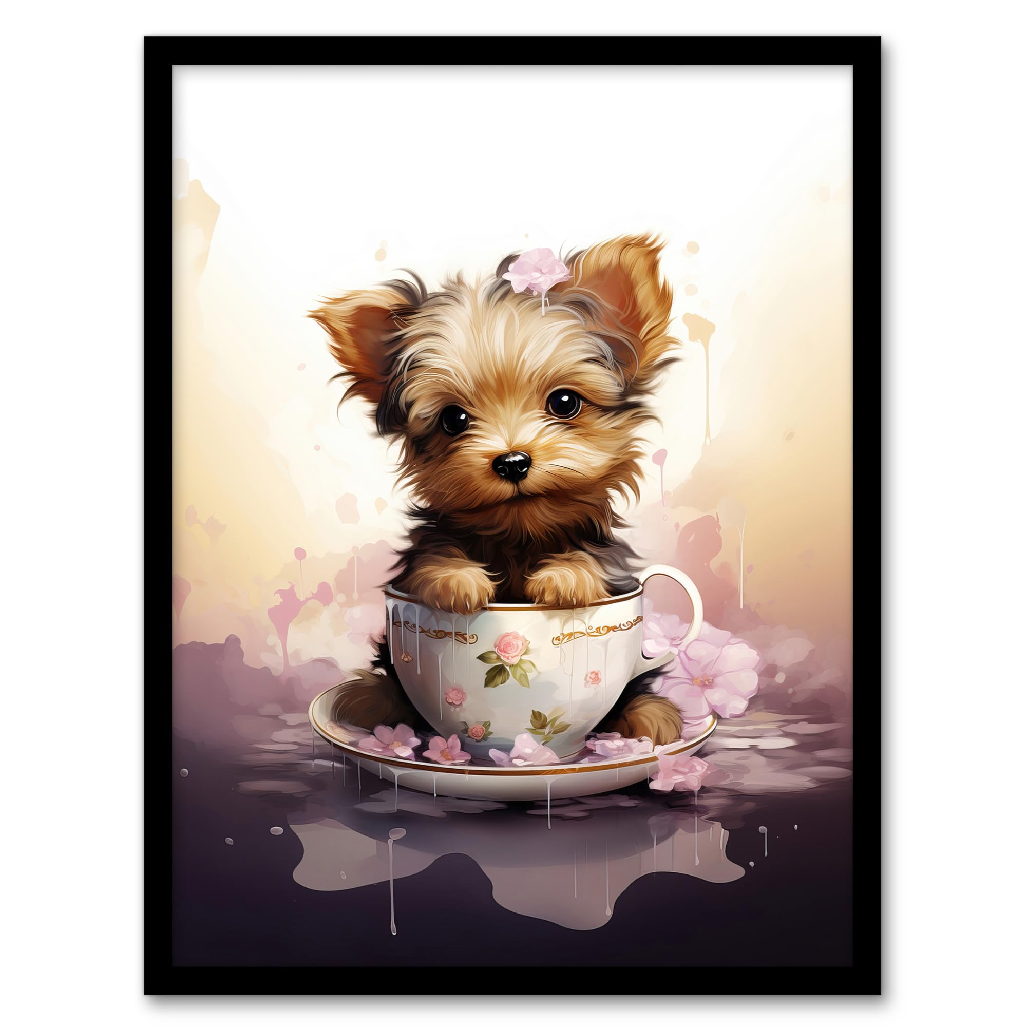 Artery8 Tea Cup Yorkshire Terrier Lovers Gift Watercolour Pet Portrait Painting Artwork Artwork Framed Wall Art Print 18X24 Inch