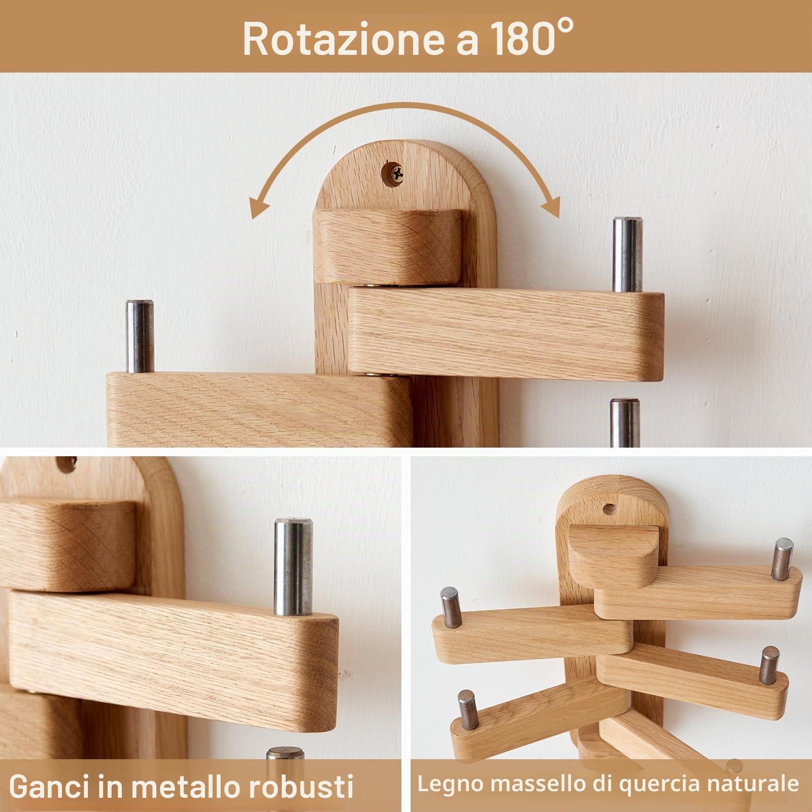 Appendiabiti da Parete Legno Massiccio, Appendiabiti con 5 Giratorio Ganci, Mensola Galleggiante in Rovere Massello per Cappotti, Giacche, Sciarpe, Borse, per Soggiorno, Camera da letto (Naturale)