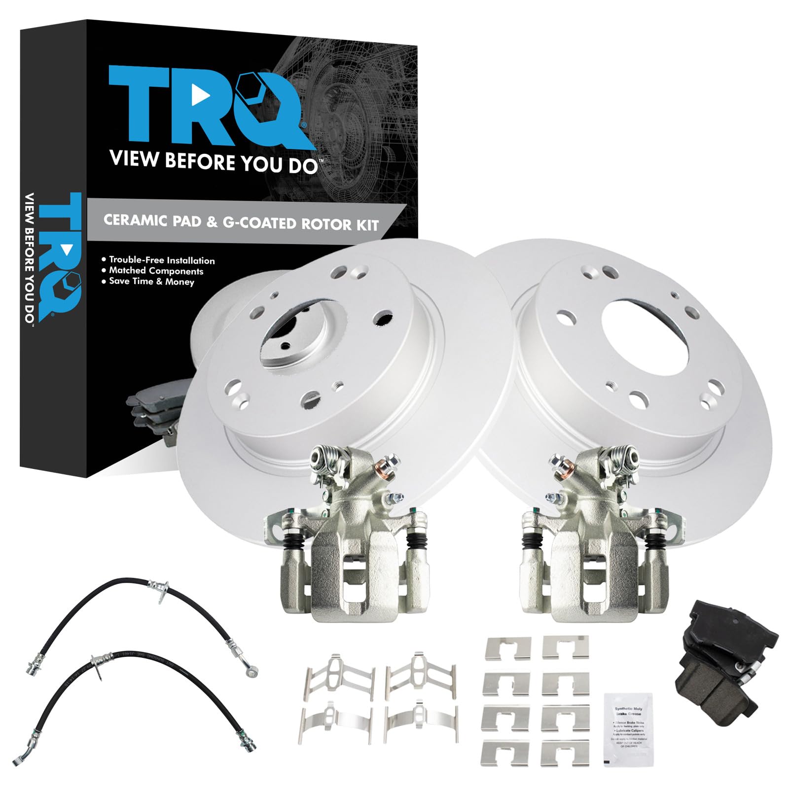 TRQ Rear Brake Pad and Rotor Set Ceramic Coated Rotors Calipers Compatible with 2013-2015 Acura ILX 2012-2015 Honda Civic