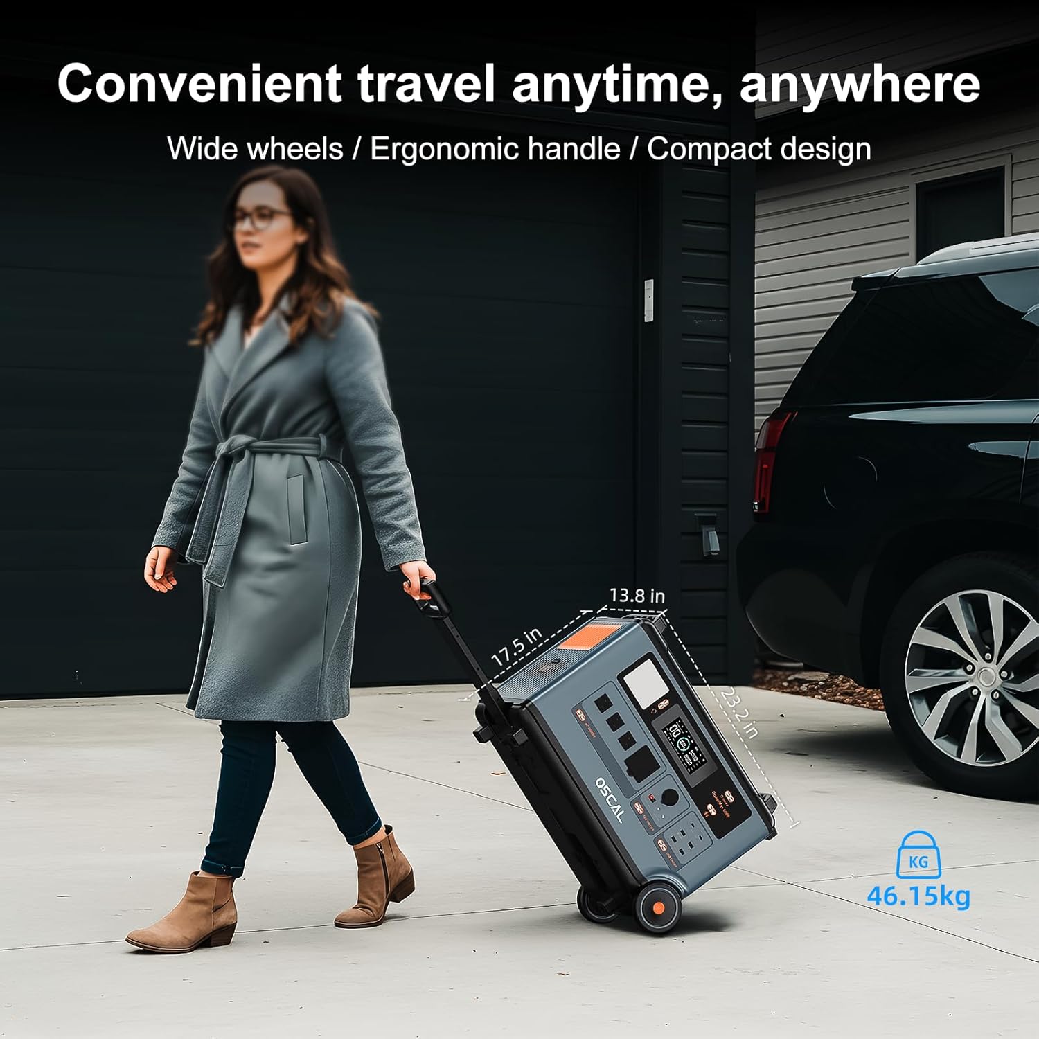 Woman pulling the PowerMax 6000 with its integrated wheels and handle, showing its dimensions