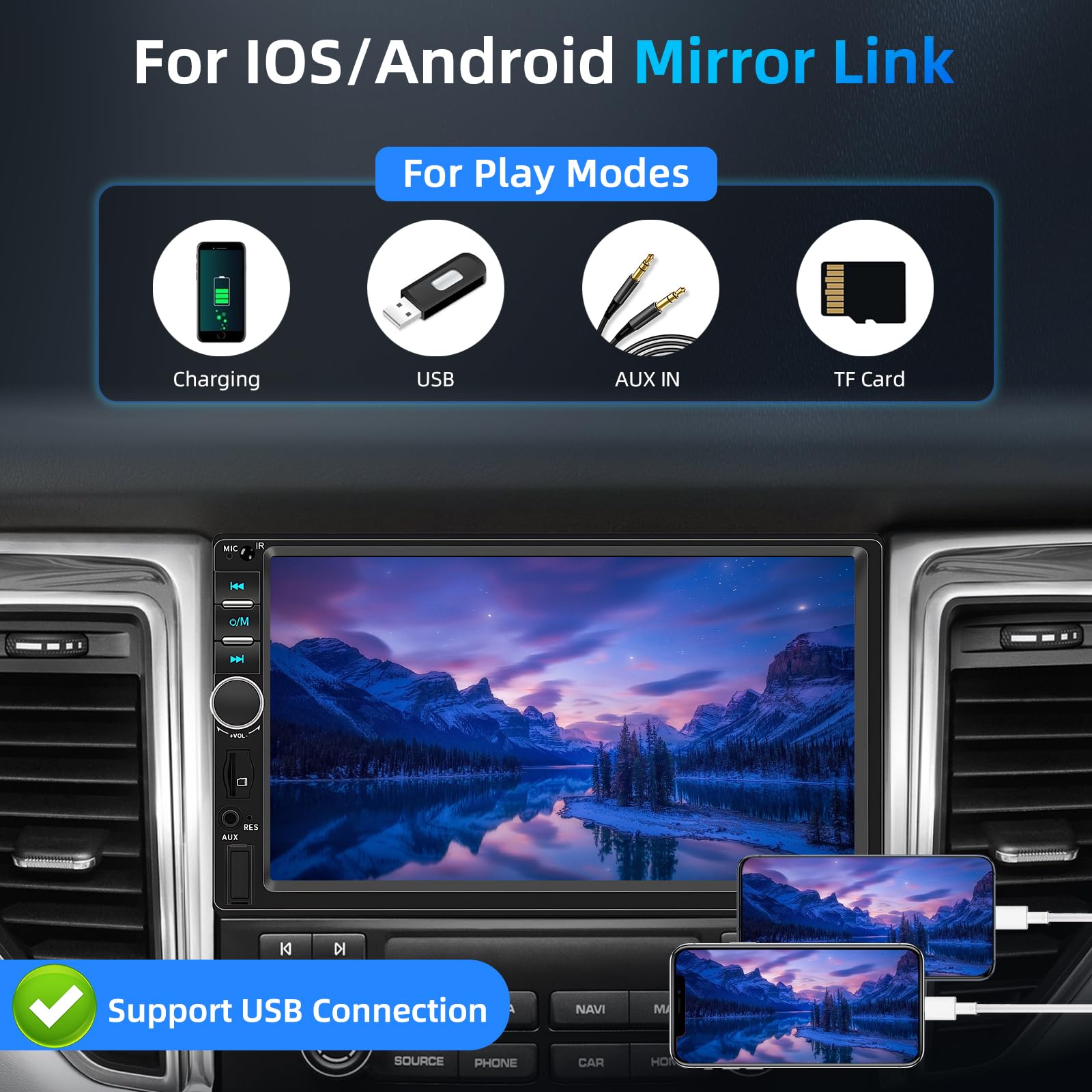 2 Din Autoradio Bluetooth con Carplay Android Auto, 7 Pollici Doppio Din Radio con Schermo, Stereo Auto Supporto MirrorLink/FM/USB/AUX/EQ/SWC/7 Colori Retroilluminazione+Telecomando