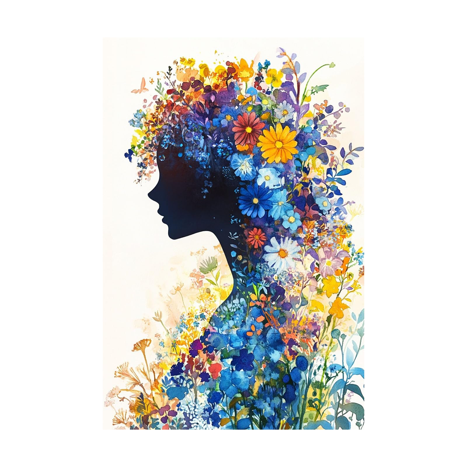 TERUEA Wall Art Print On Canvas Picture For Home Office Decor Floral Woman Silhouette Watercolor - Floral Woman Face - Living & Home Decor with Easy Hang Guide(Green)-70x100cm Unframed