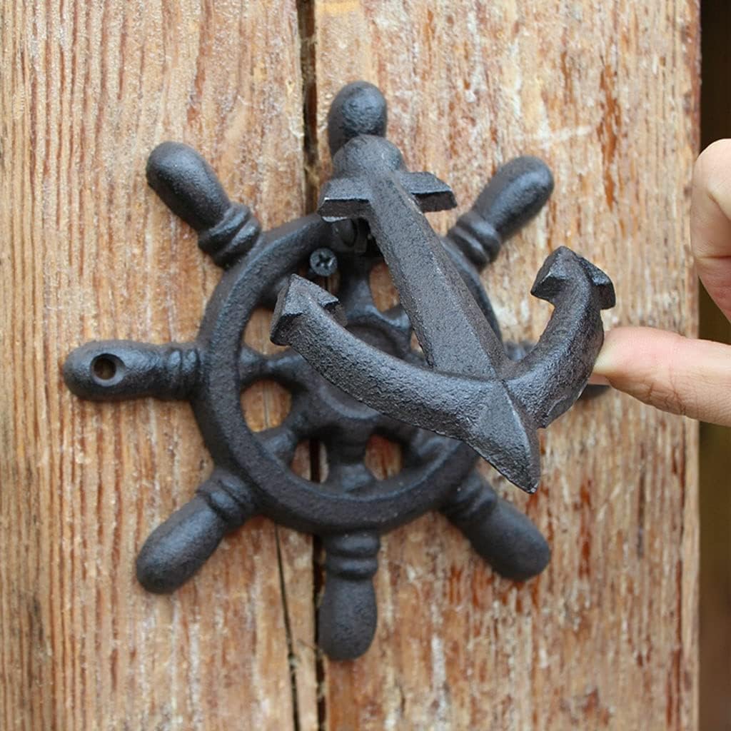 TIST Iron Door Knocker Cast Iron Vintage Rudder Door Knock Front Door Antique Door Handle Home Wall Door Ring Knocker Decoration Surface-Mounted Installation