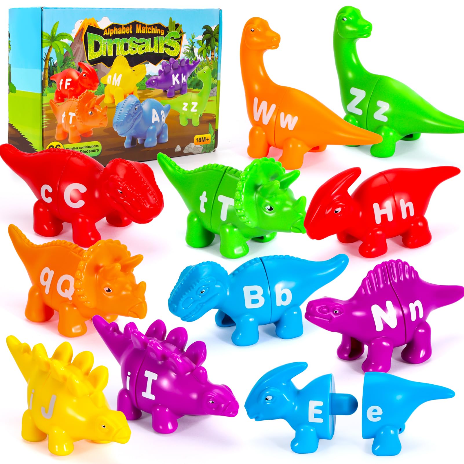Atonofun ABC Matching Letters Dinosaur Toys, 26 PCS Double-Sided Alphabet Learning Toys with Uppercase and Lowercase, Preschool Montessori Educational Fine Motor Toys for Toddlers