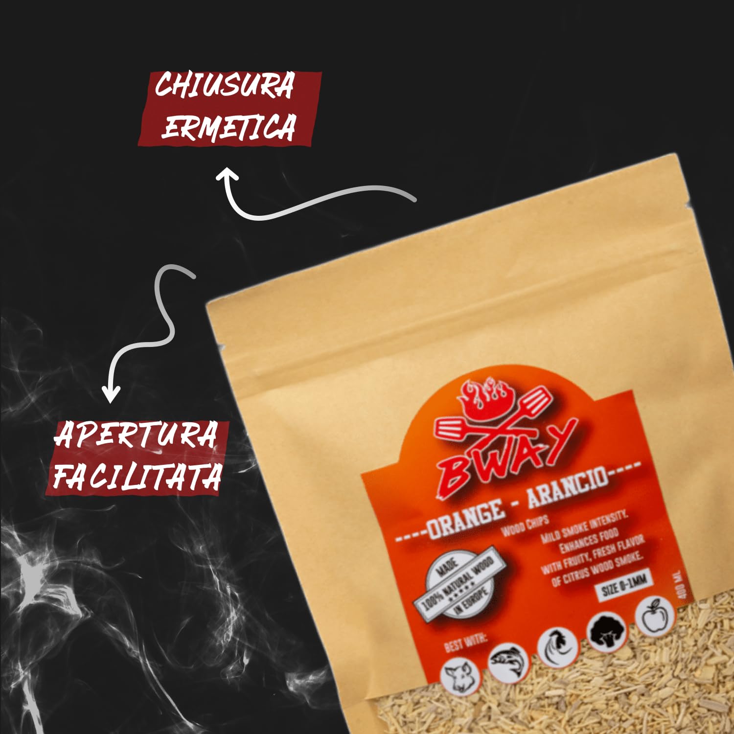 BWAY Trucioli per Affumicatura Gusto Olivo, Arancio, Mandorlo, Limone, Noce e Quercia da Utilizzare con Affumicatore da Cucina | eBook Omaggio con 20 Ricette (6 x 400 ml)