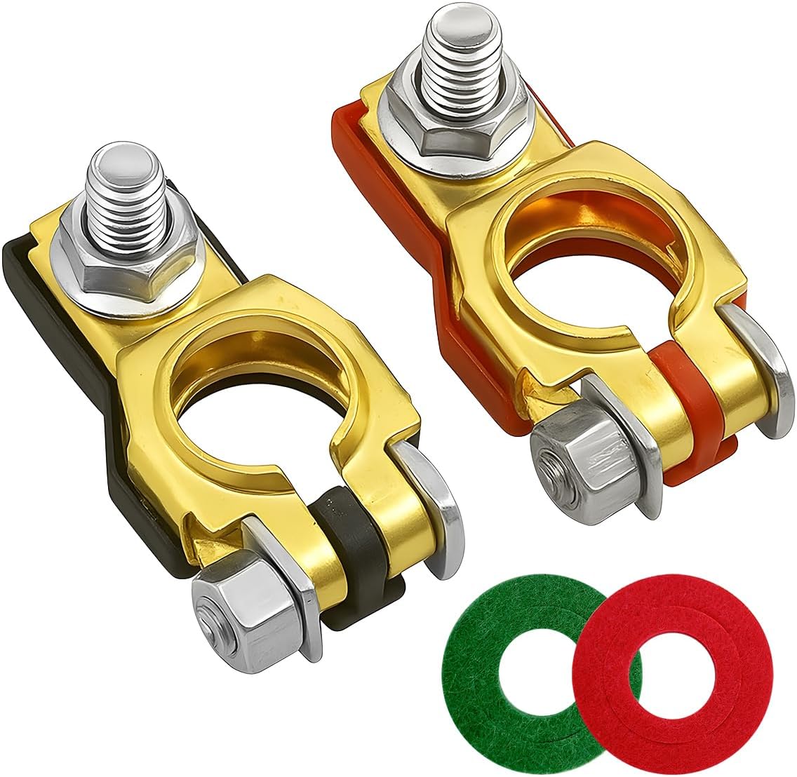 Car Battery Terminal Connector, 1 Pair Top Post Battery Cable Terminal Clamp Set with 2PCS Washers, Positive Negative Auto Cable Post Adapter, Compatible with Auto Truck RV (Red/Black Gold)